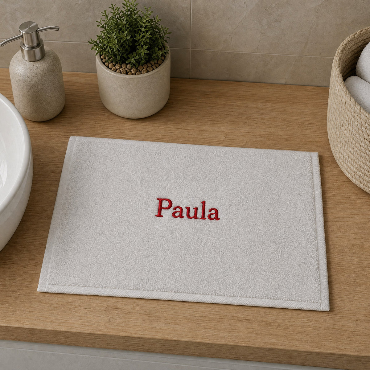 Paula personalized bamboo hand towel, red serif embroidery on white — photo 3