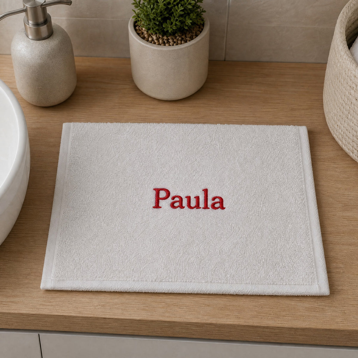 Paula personalized bamboo hand towel, red serif embroidery on white — photo 5