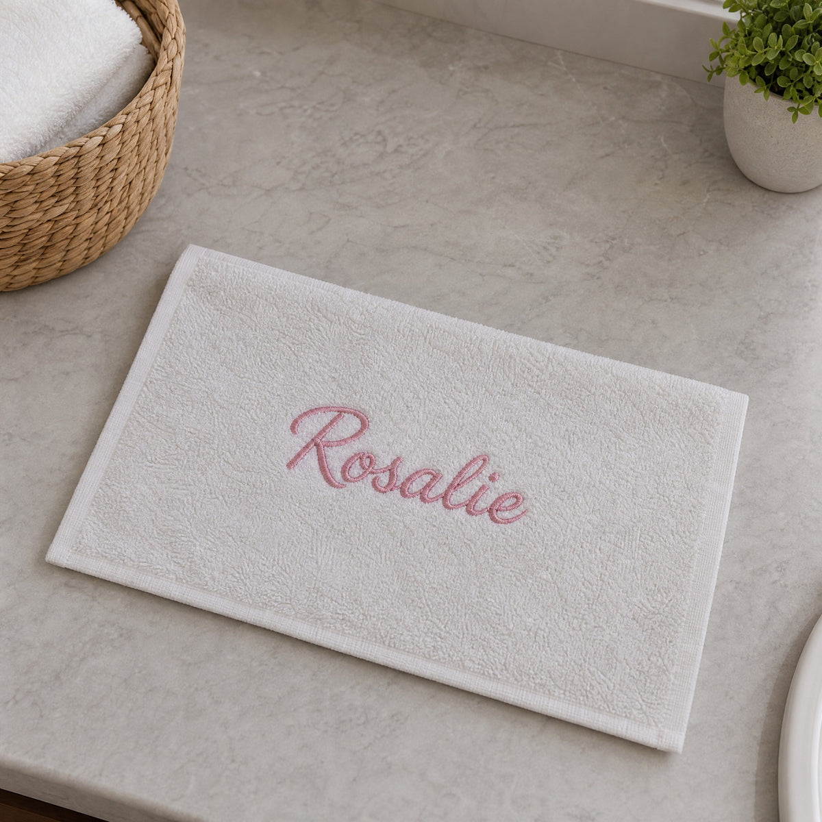 Rosalie personalized bamboo hand towel, pink script embroidery on ivory — photo 4
