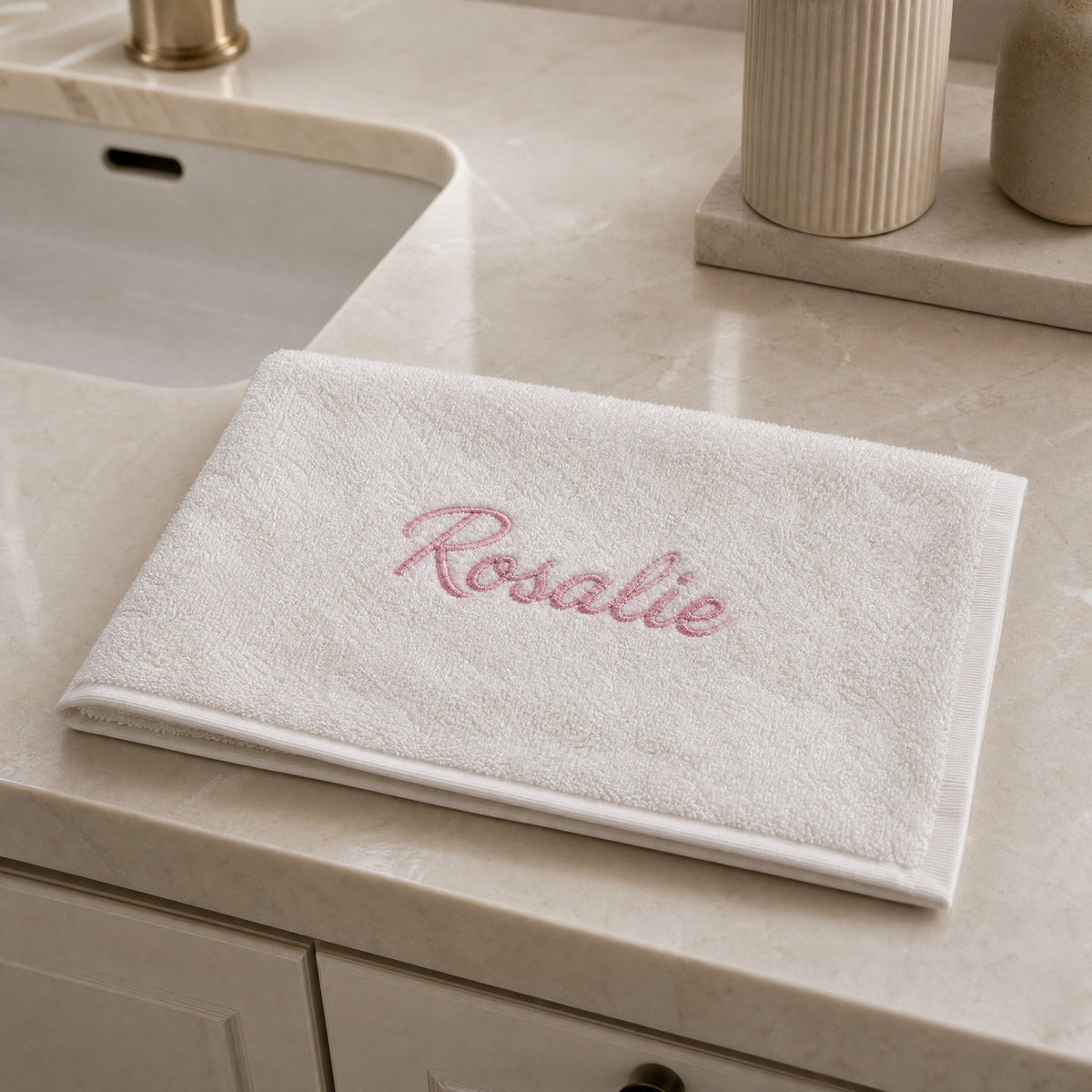 Rosalie personalized bamboo hand towel, pink script embroidery on ivory — photo 5