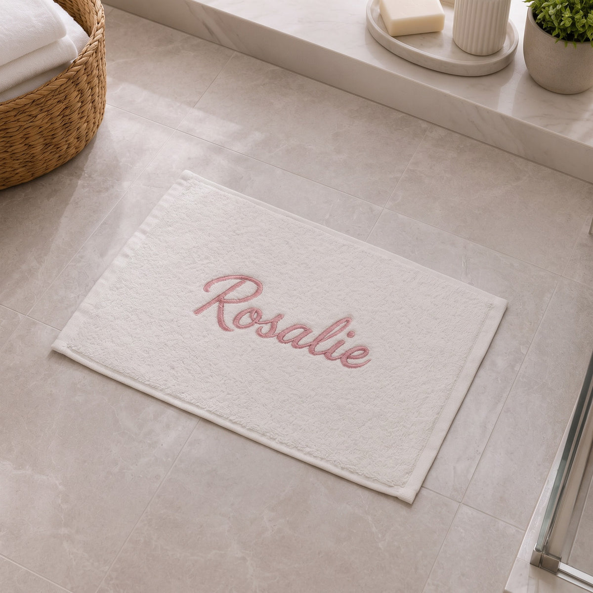 Rosalie personalized bamboo hand towel, pink script embroidery on ivory — photo 6
