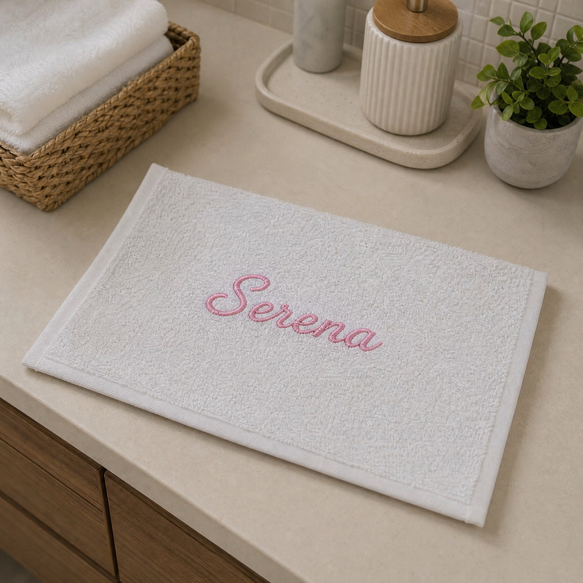 Serena personalized bamboo hand towel, pink script embroidery on light gray — photo 5
