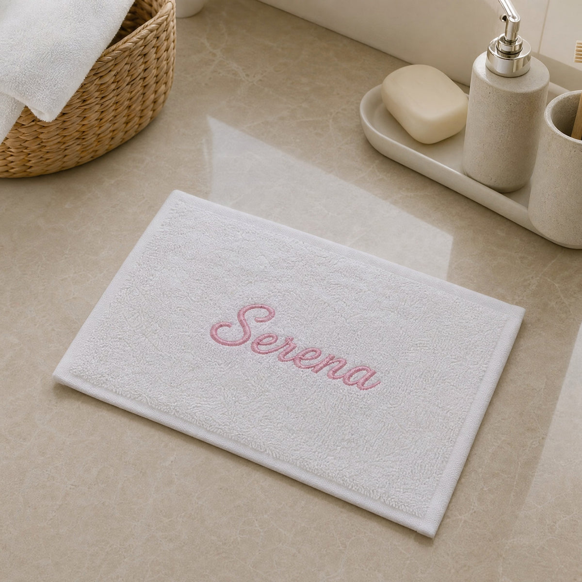 Serena personalized bamboo hand towel, pink script embroidery on light gray — photo 6