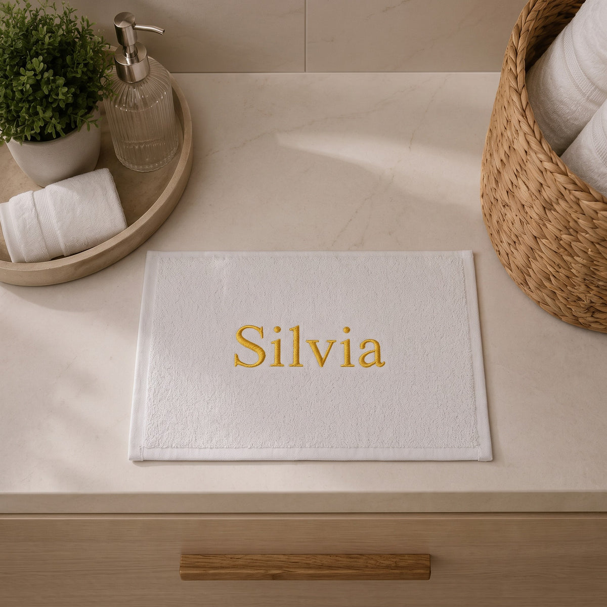 Silvia personalized bamboo hand towel, gold serif embroidery on white — photo 3