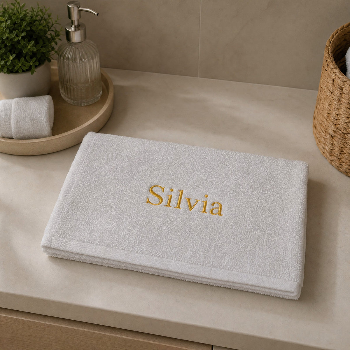 Silvia personalized bamboo hand towel, gold serif embroidery on white — photo 4