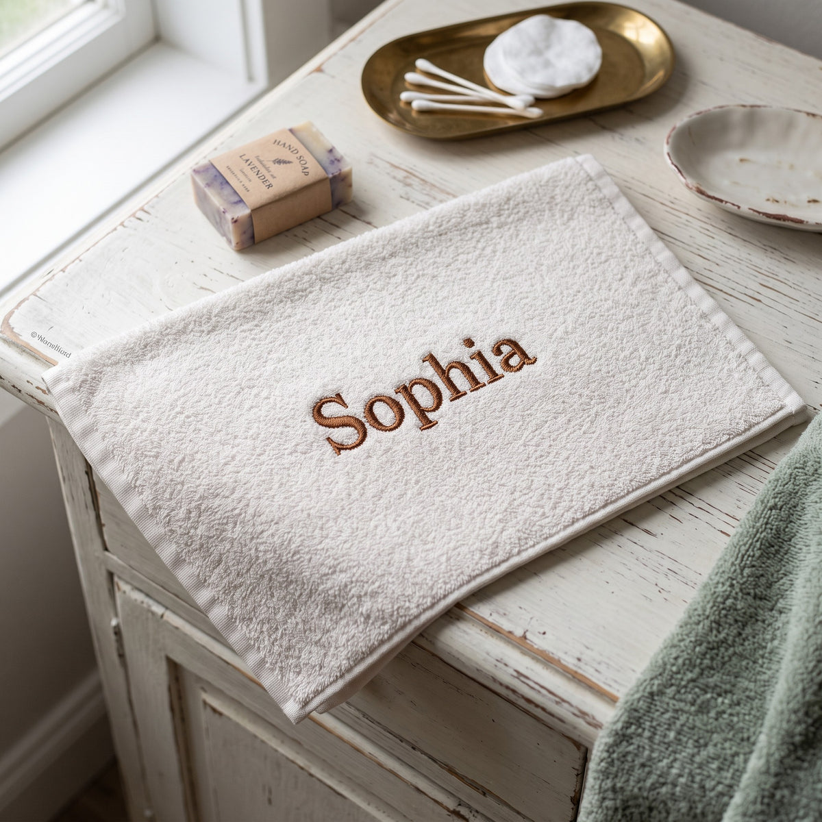 Sophia personalized bamboo hand towel, brown serif embroidery on ivory — photo 2
