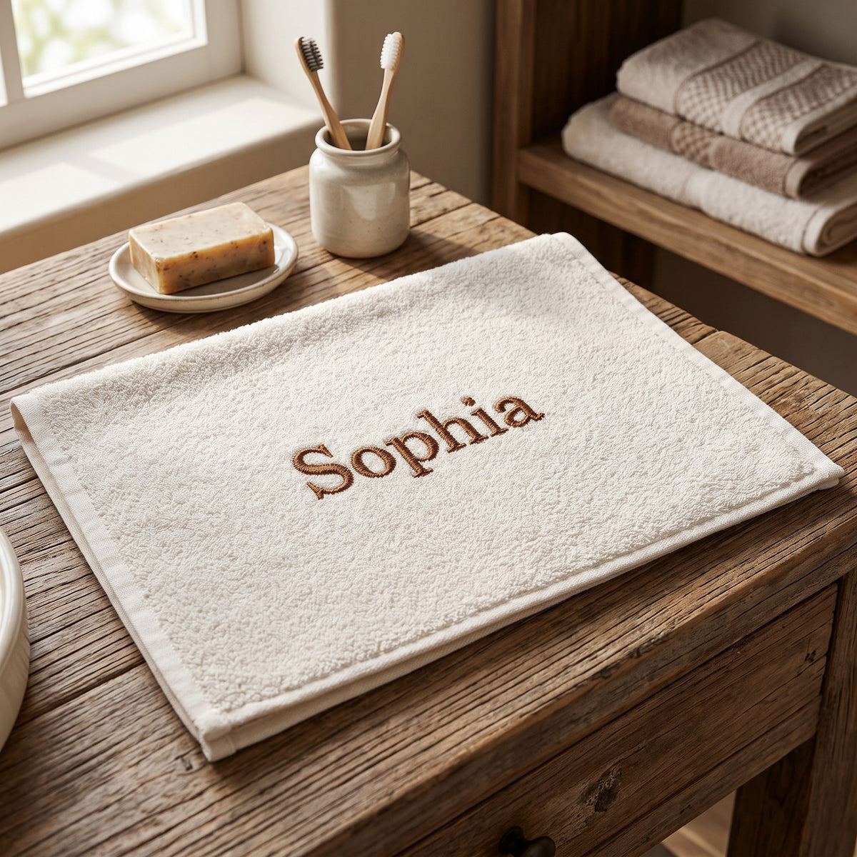 Sophia personalized bamboo hand towel, brown serif embroidery on ivory — photo 5