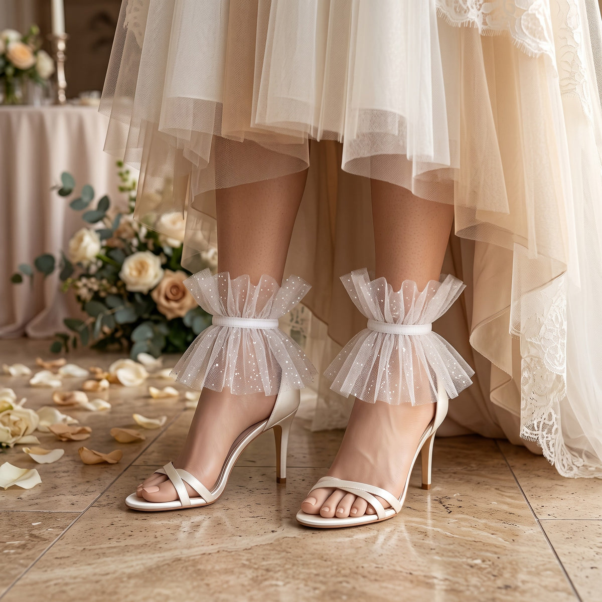 White Glitter Tulle Ruffle Ankle Cuffs, worn with white strappy heels on a petal-strewn floor