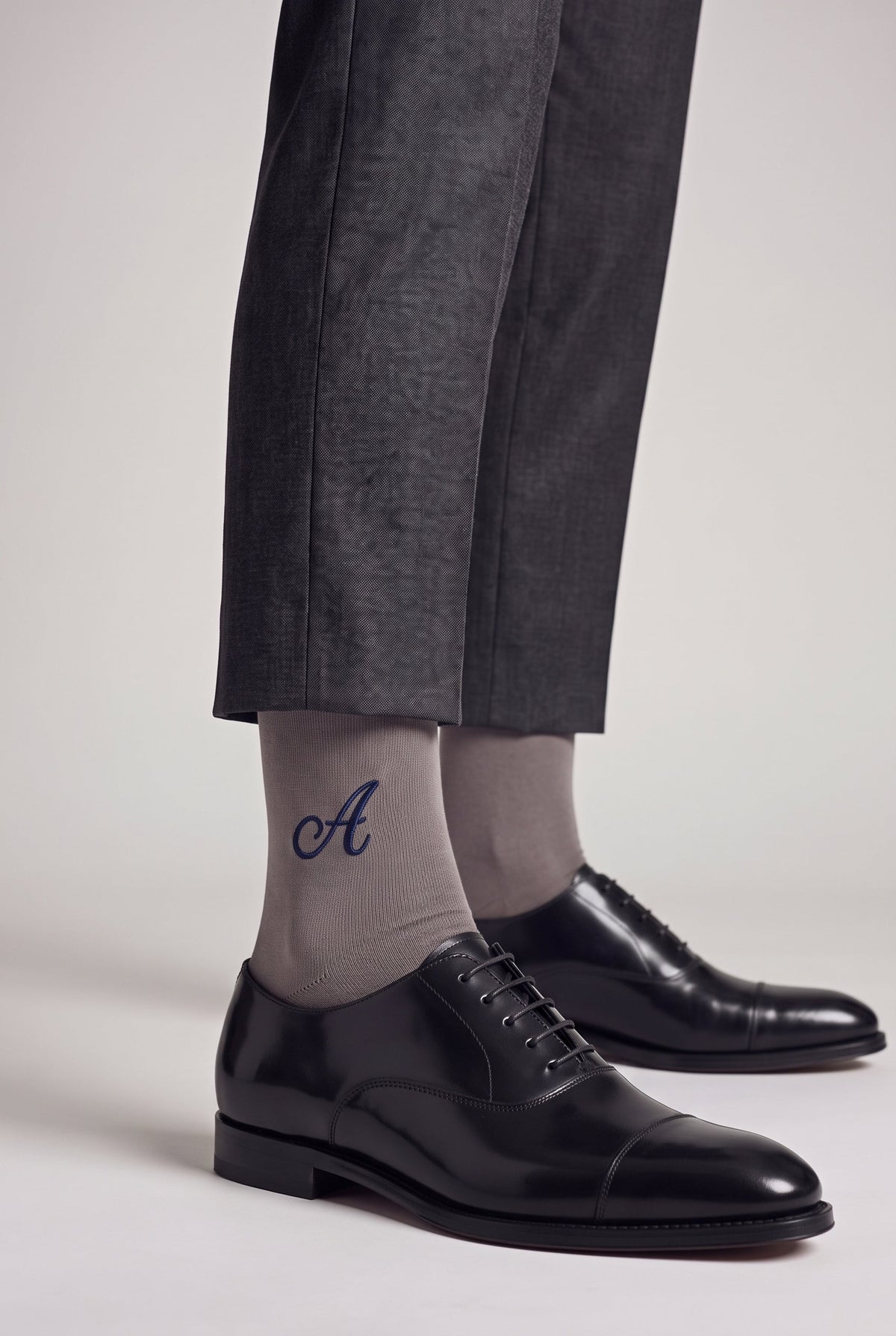 Light Grey personalized embroidered plain dress socks, worn, second angle — made to order