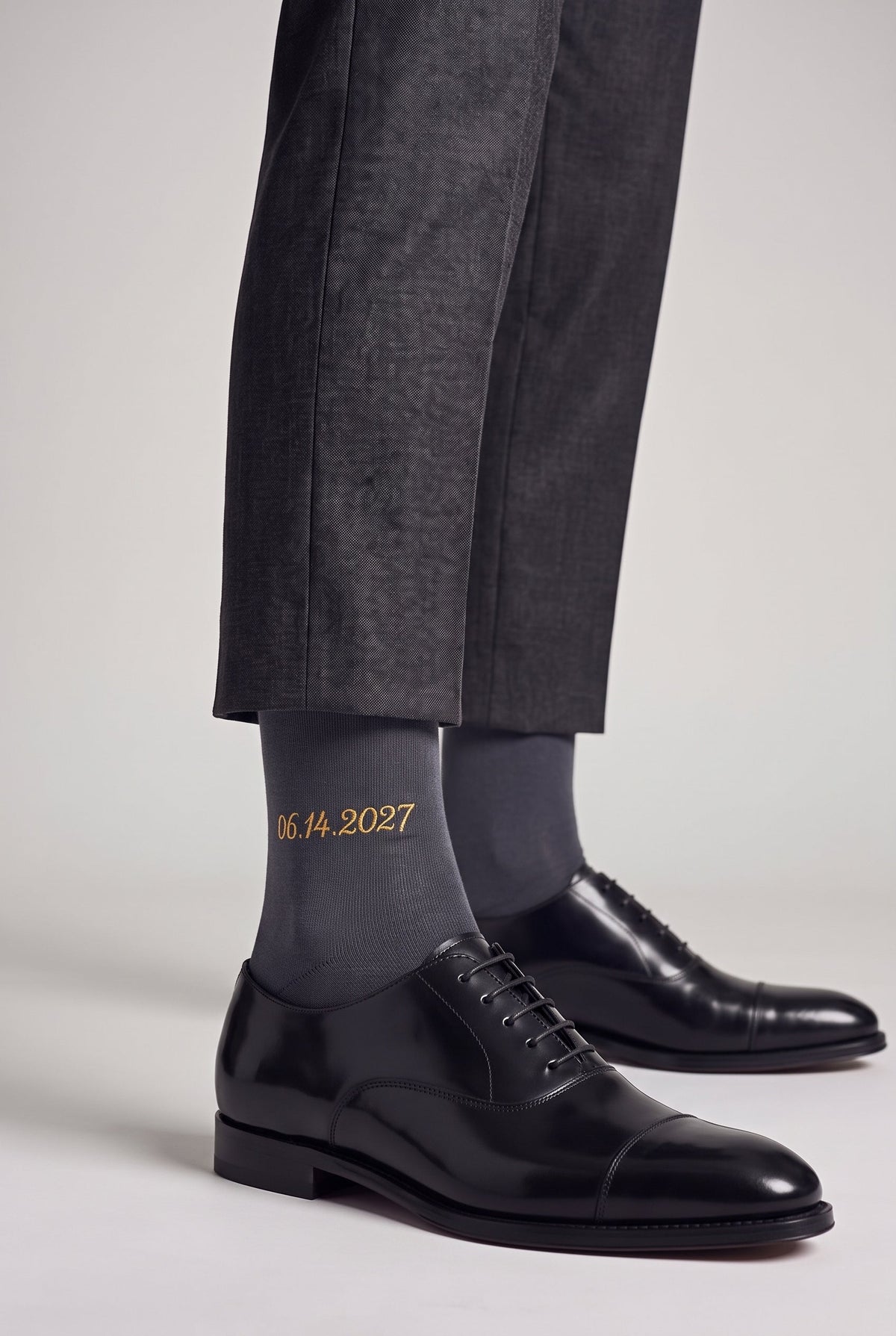Petrol personalized embroidered plain dress socks, worn, second angle — made to order