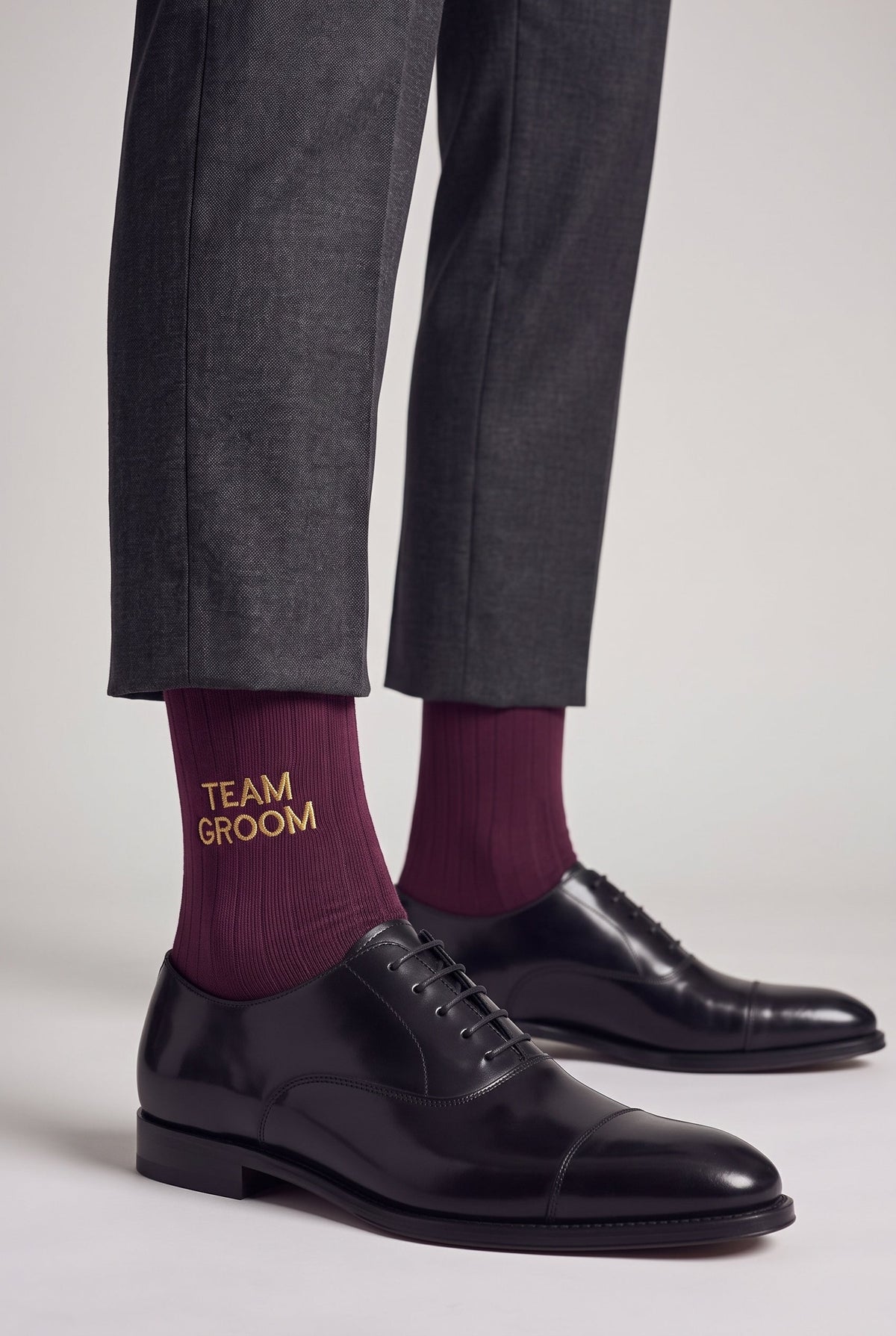 Burgundy personalized embroidered plain dress socks, worn, second angle — made to order