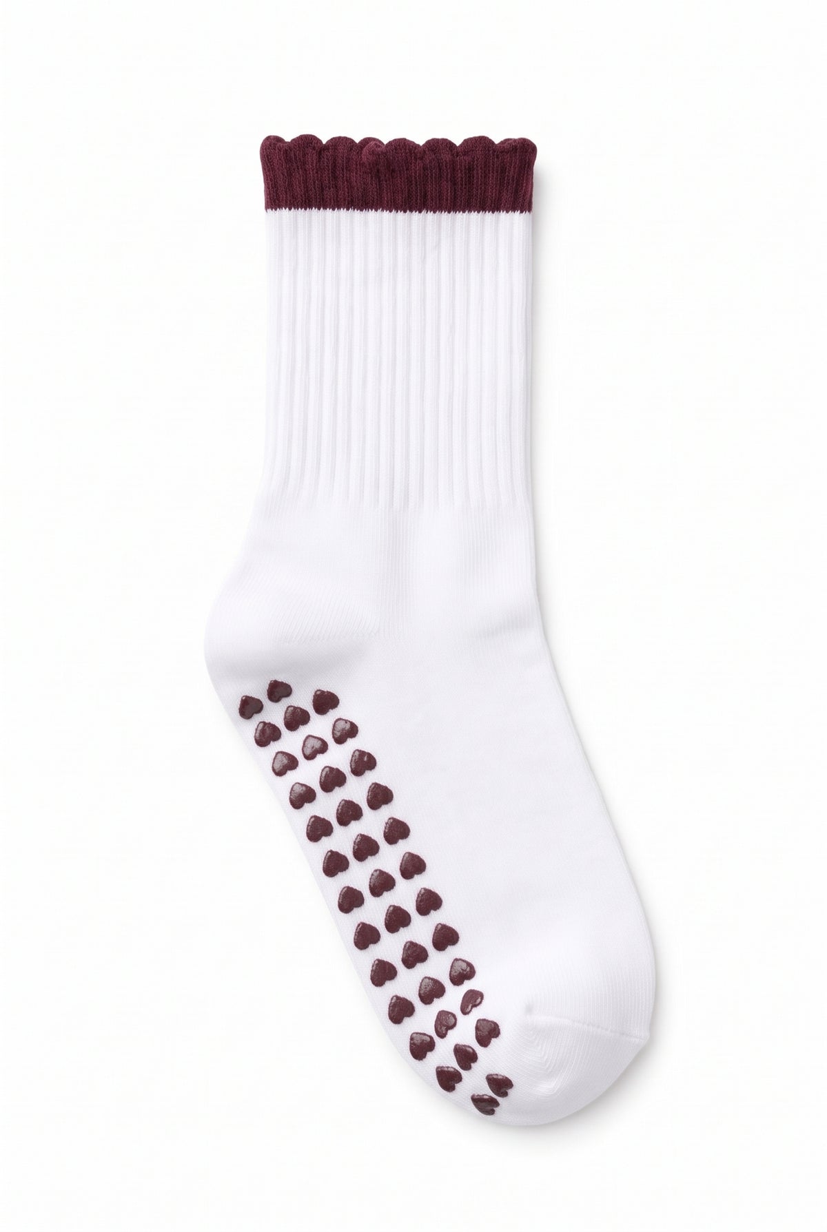 Burgundy ruffle pilates grip socks, blank — no embroidery