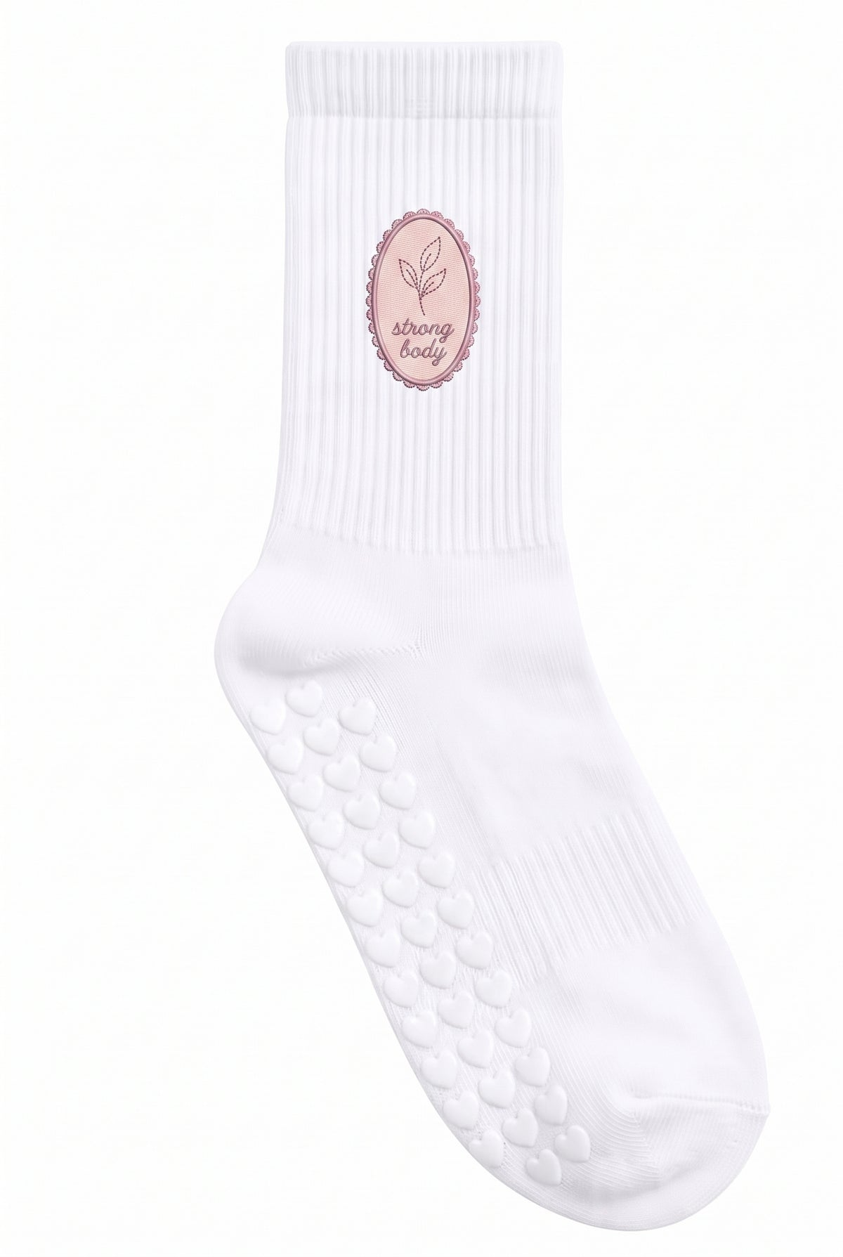 Optical White pilates grip socks, close-up of the custom embroidery on the ankle — embroidered to order