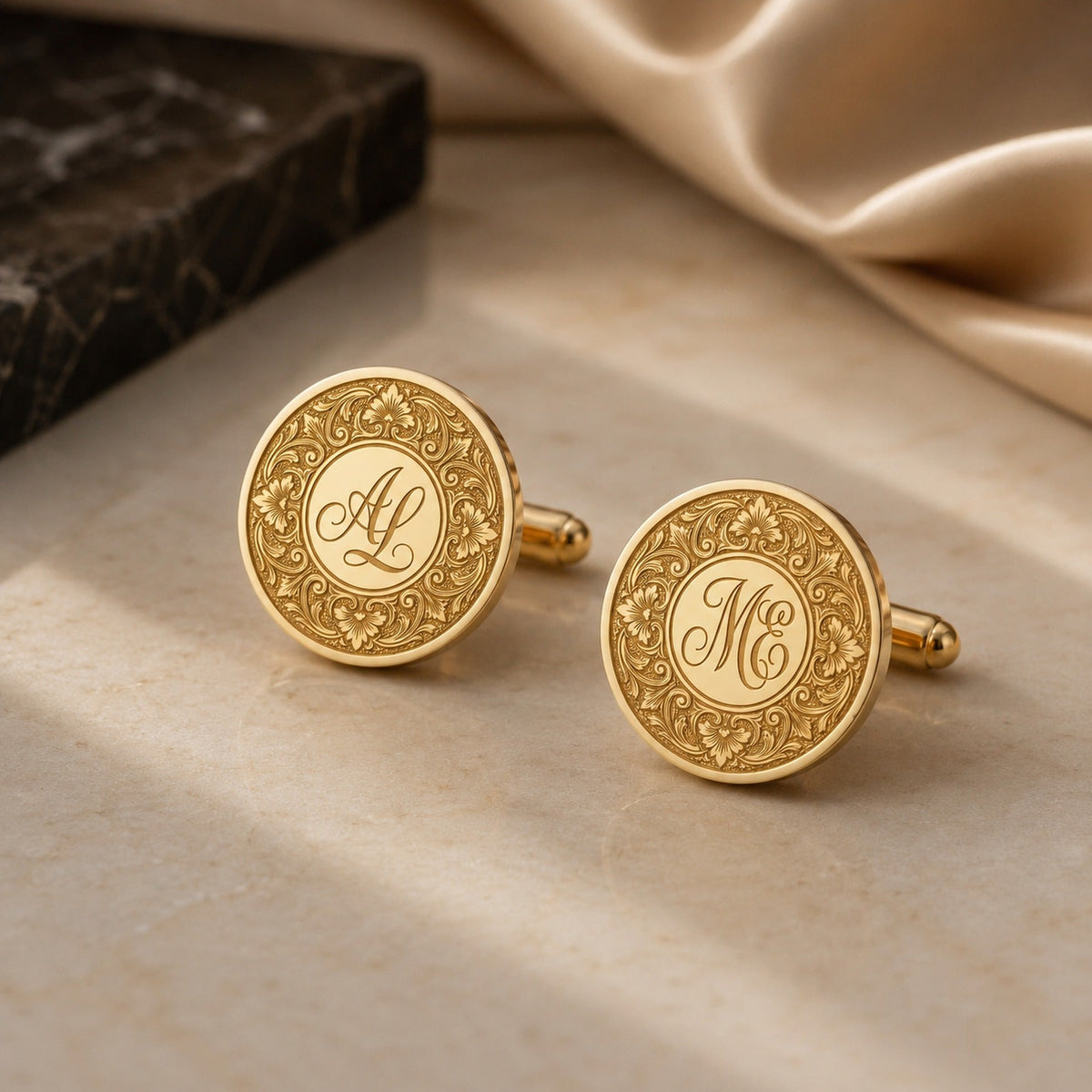 Personalized Monogram Cufflinks | Engraved Floral Initial Cufflinks for Men