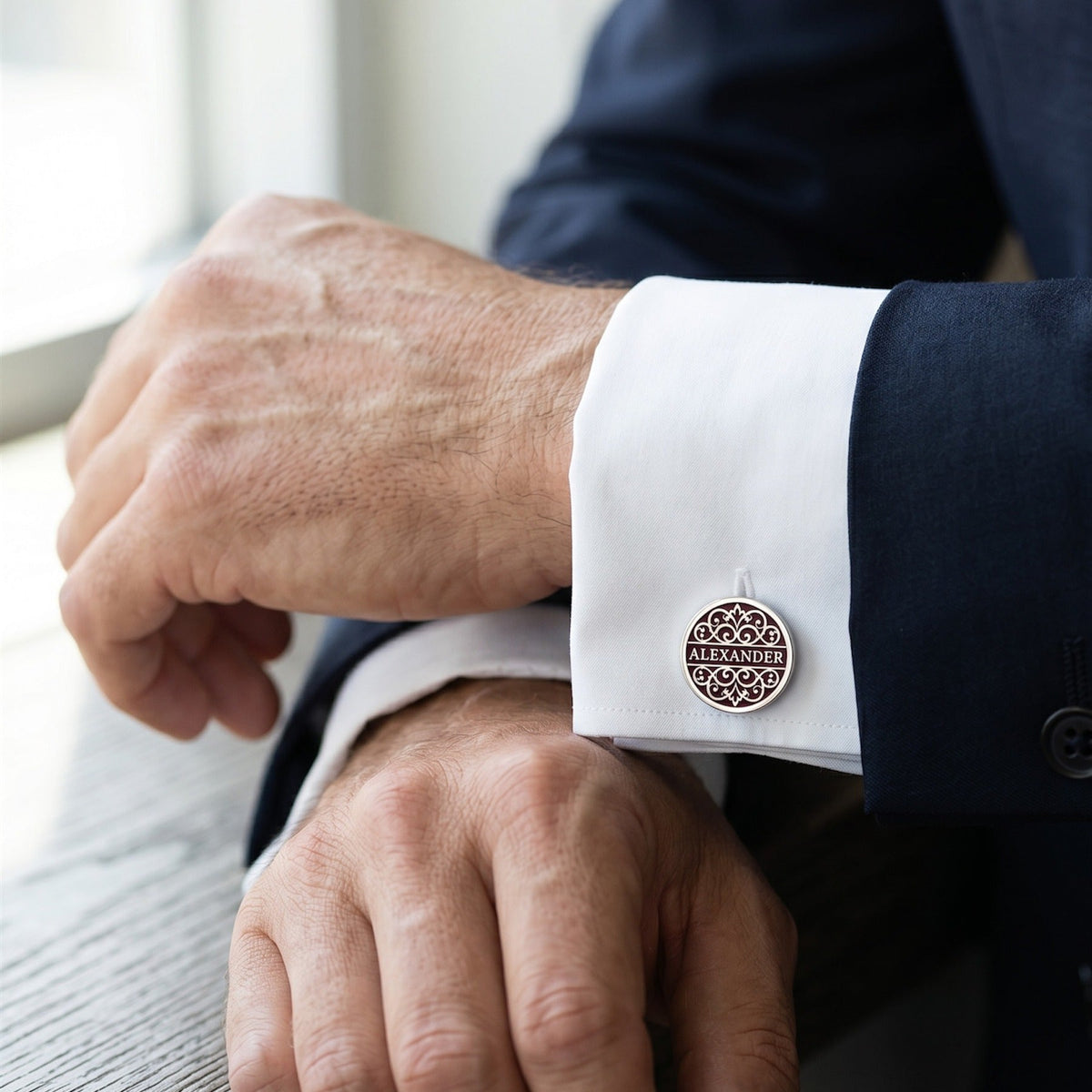 Personalized Name Cufflinks | Custom Engraved Burgundy Filigree Gift for Men