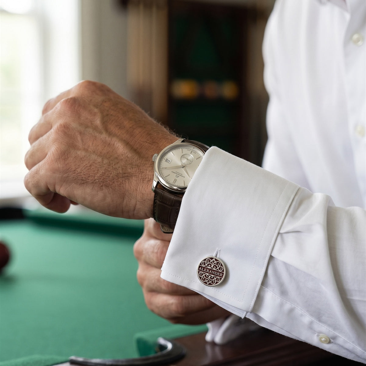 Personalized Name Cufflinks | Custom Engraved Burgundy Filigree Gift for Men