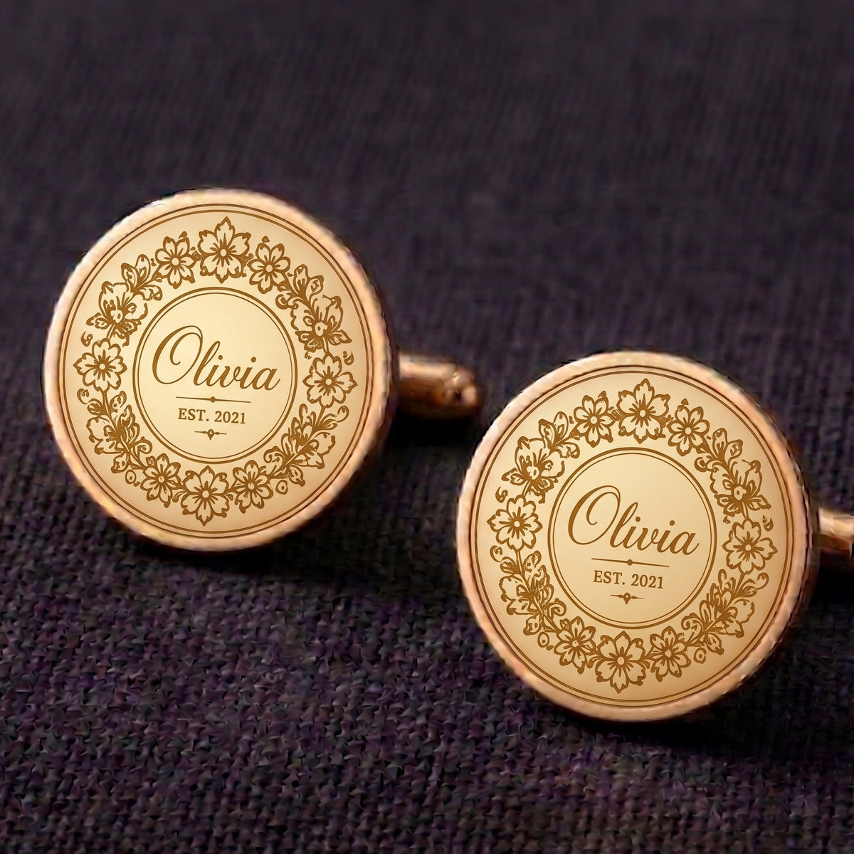 Personalized Name Cufflinks | Custom Engraved Floral Wreath Est. Date Gift