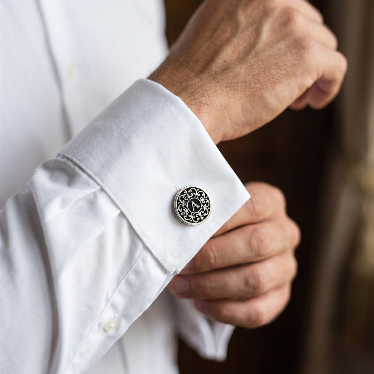 Personalized Monogram Cufflinks | Black Filigree Engraved Initial Groom Gift