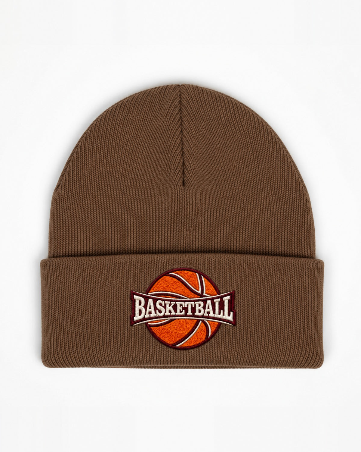 Mocha beanie with custom embroidery on the cuff