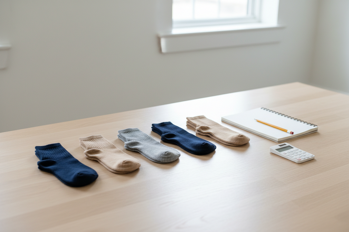 Six folded pairs of socks in a row on a meeting table with a notebook.