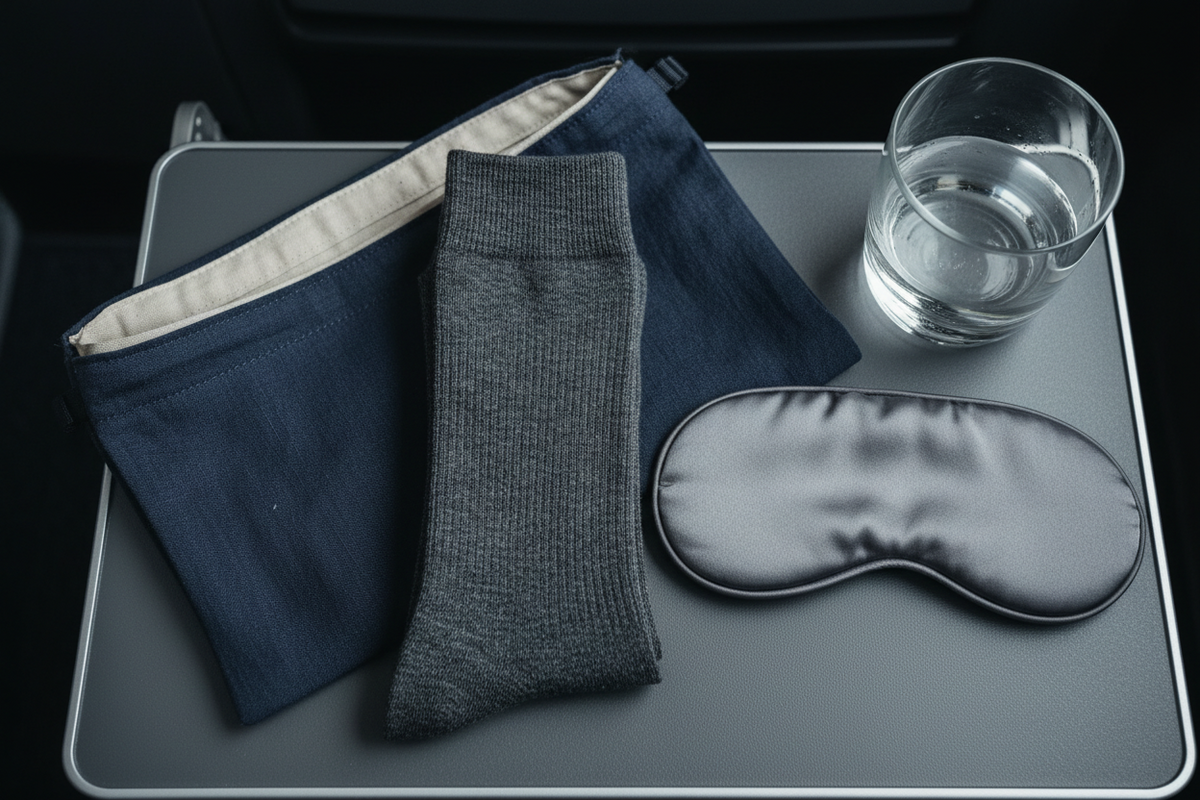 Folded charcoal socks on a linen pouch beside an eye mask on an airline tray table.