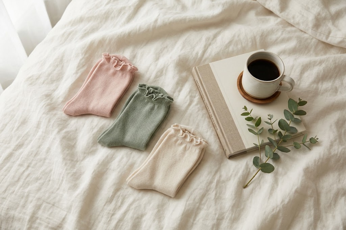 Three folded pairs of ruffle socks on a linen bedspread with a book and mug.