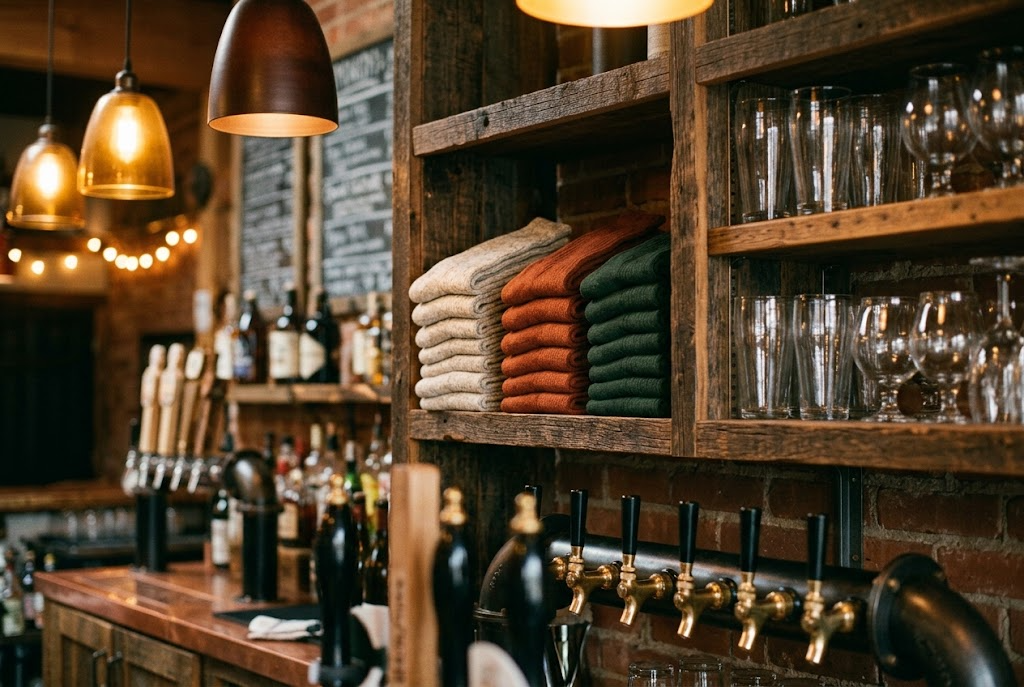 Stacked crew socks on a timber shelf behind a taproom bar with glassware.