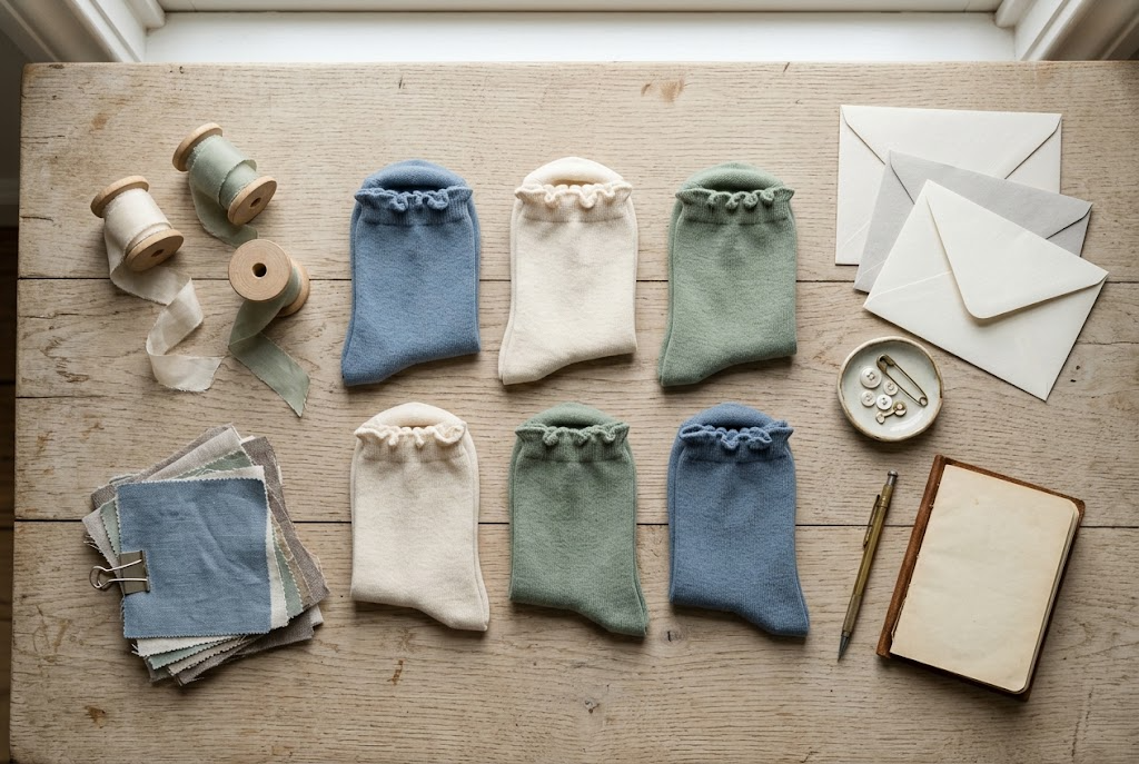 Six folded pairs of socks in rows on a desk with ribbon and swatches.