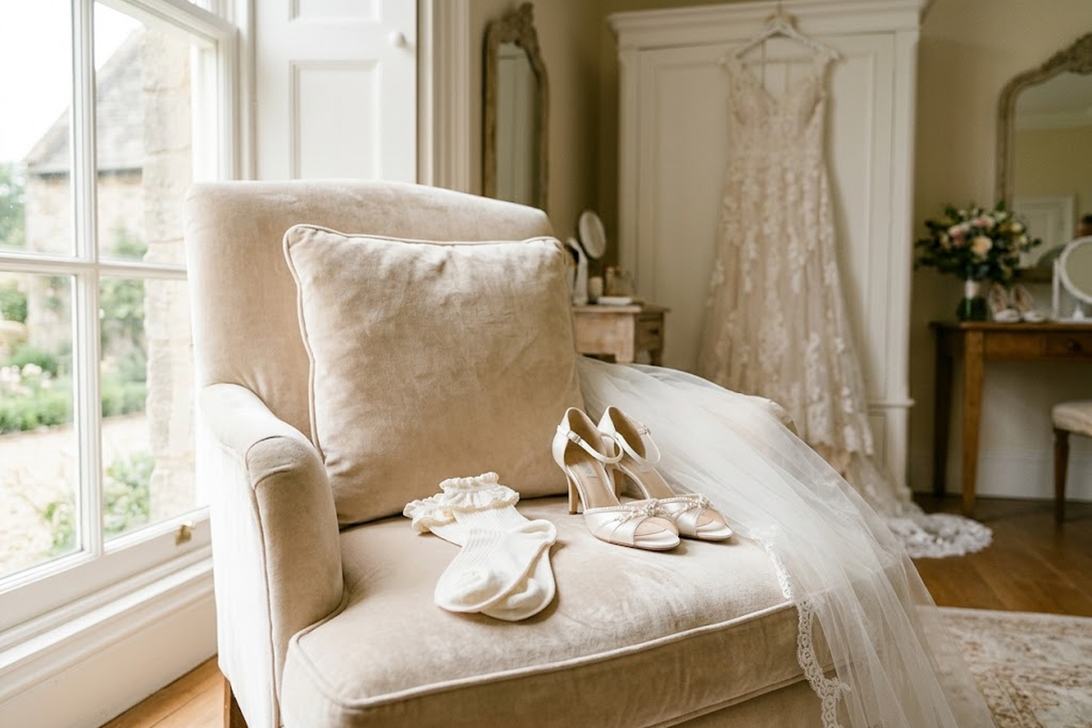 Ivory ruffle socks on a velvet chair beside satin heels in a bridal suite.