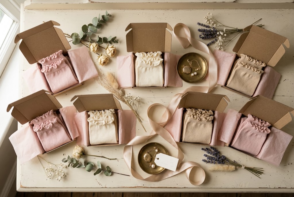 Tissue-lined boxes holding folded ruffle-cuff socks among dried florals on a dressing table