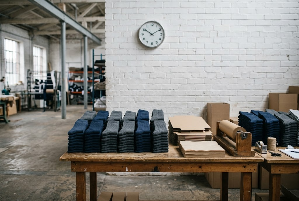 Columns of folded socks on a packing bench with cartons and a wall clock.
