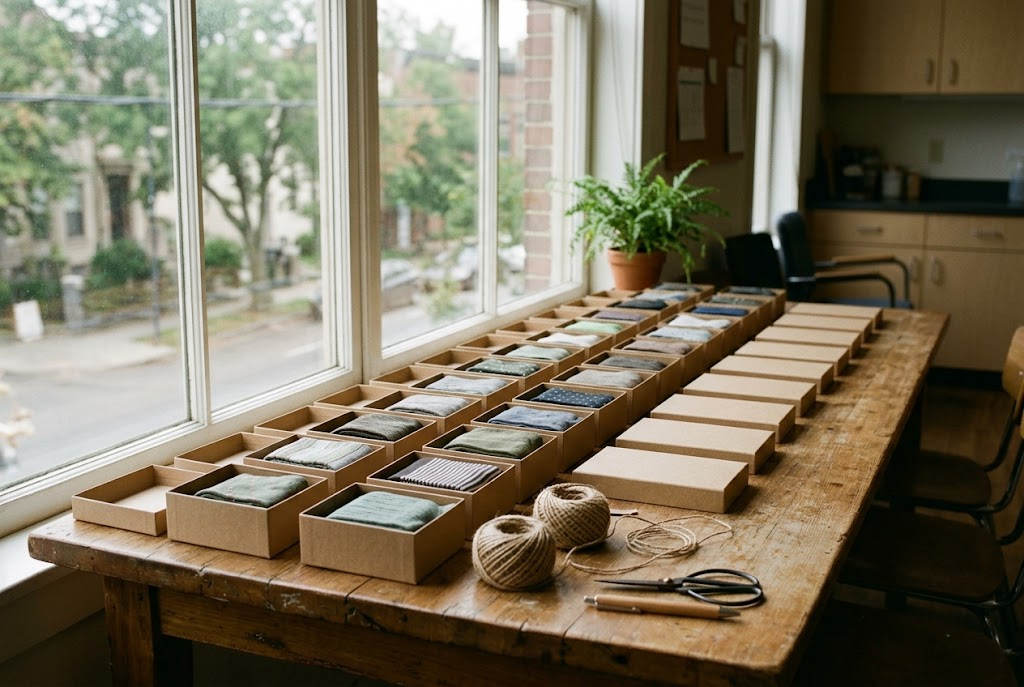 Row of small kraft boxes each holding a folded pair of socks on an office table
