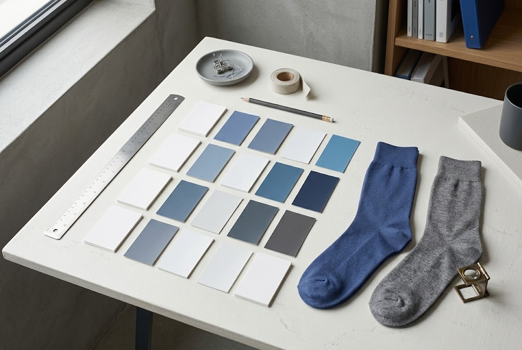 Blank swatch cards and colour chips laid around two folded pairs of socks on a desk