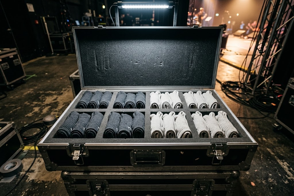 Rows of folded grey crew socks packed inside an open black flight case backstage.