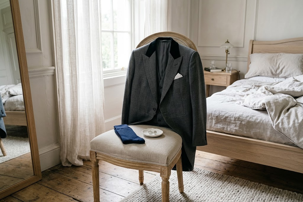 Folded navy dress socks and cufflinks on a chair beside a pressed grey morning coat.