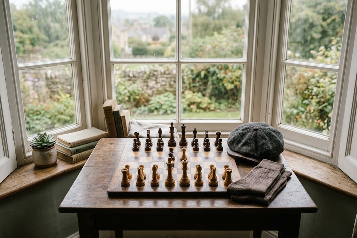 Folded brown socks beside a wooden chess board and a flat cap by a window.