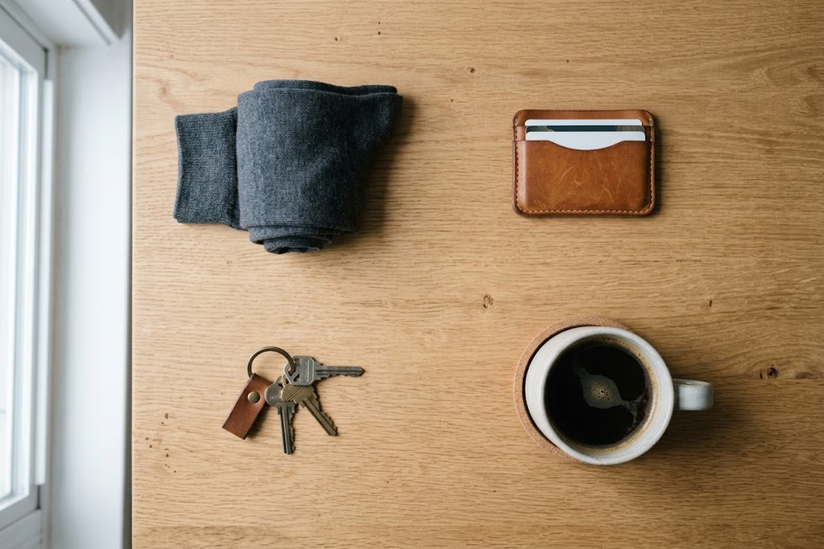 Overhead view of folded charcoal socks, a card holder, keys and a coffee cup on a desk.