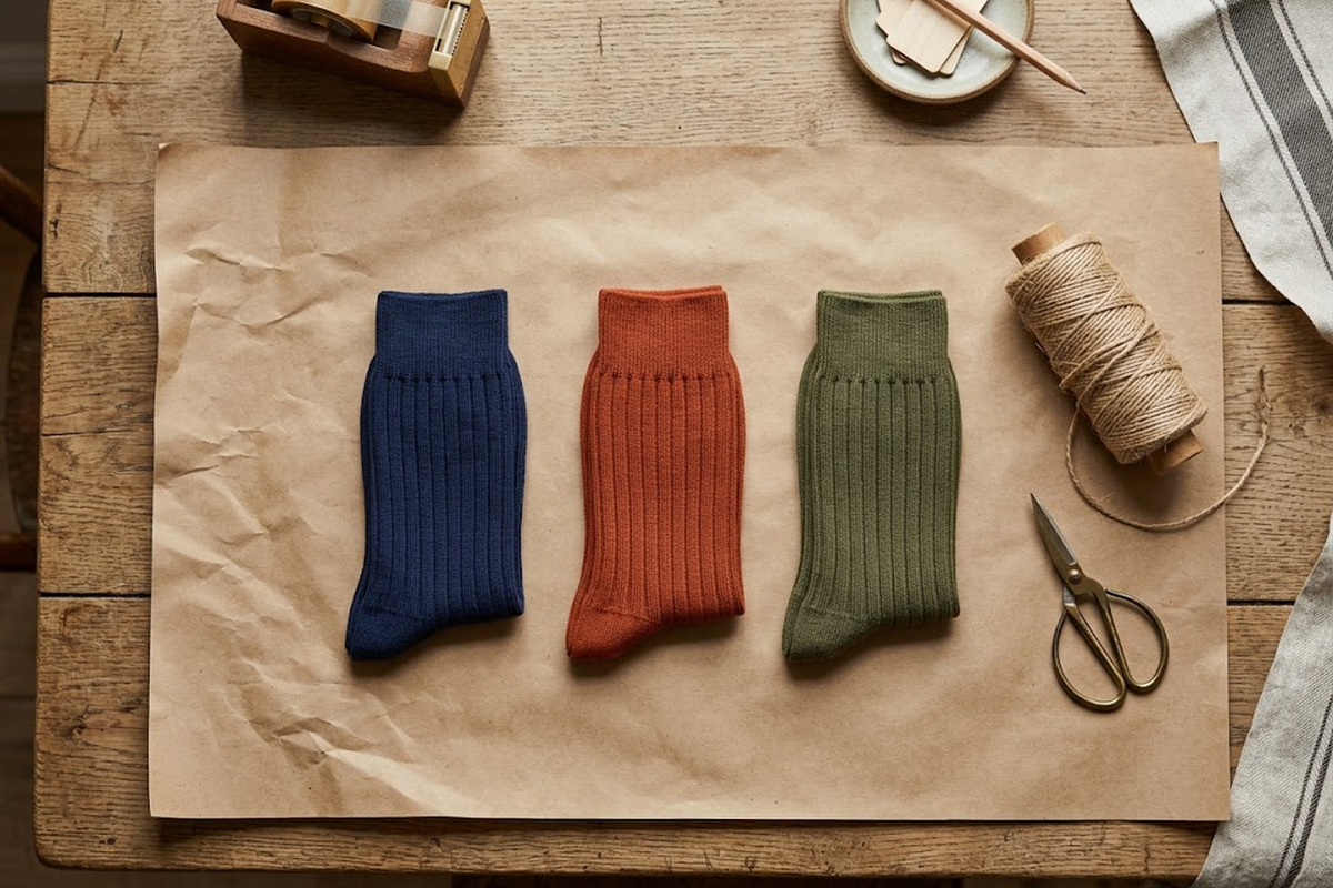Three folded pairs of socks in a row on kraft paper with twine and scissors.