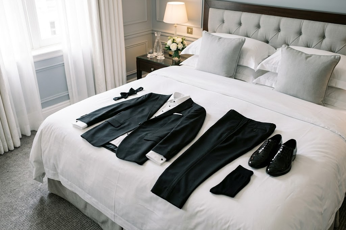 Black tuxedo laid on a hotel bed with folded black socks, shoes and a bow tie.