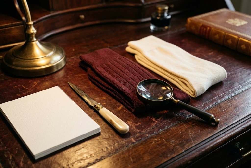 Blank card stock, a letter opener and folded socks under a magnifying glass on a bureau