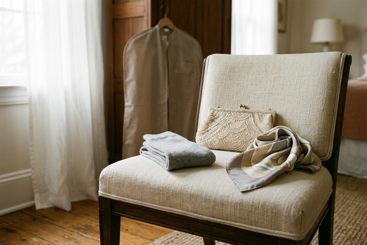Folded dove grey socks on an upholstered chair beside a beaded clutch and silk scarf