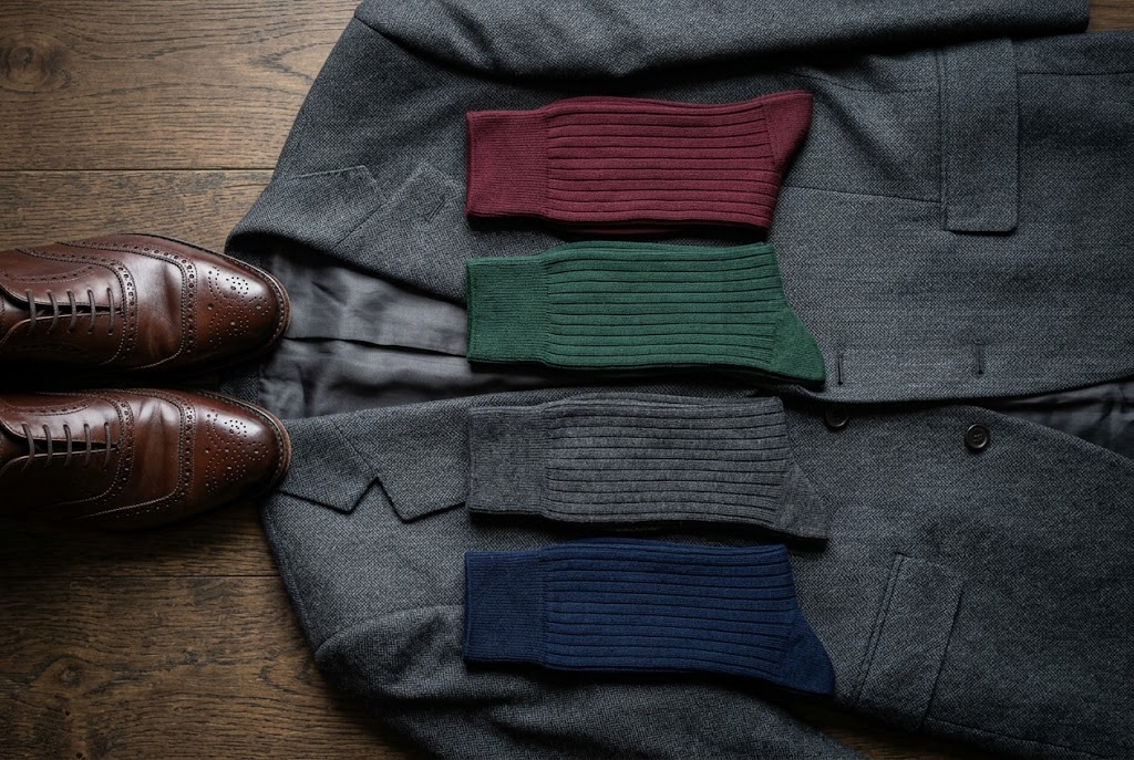 Four folded pairs of coloured dress socks on a charcoal suit jacket beside brown oxfords