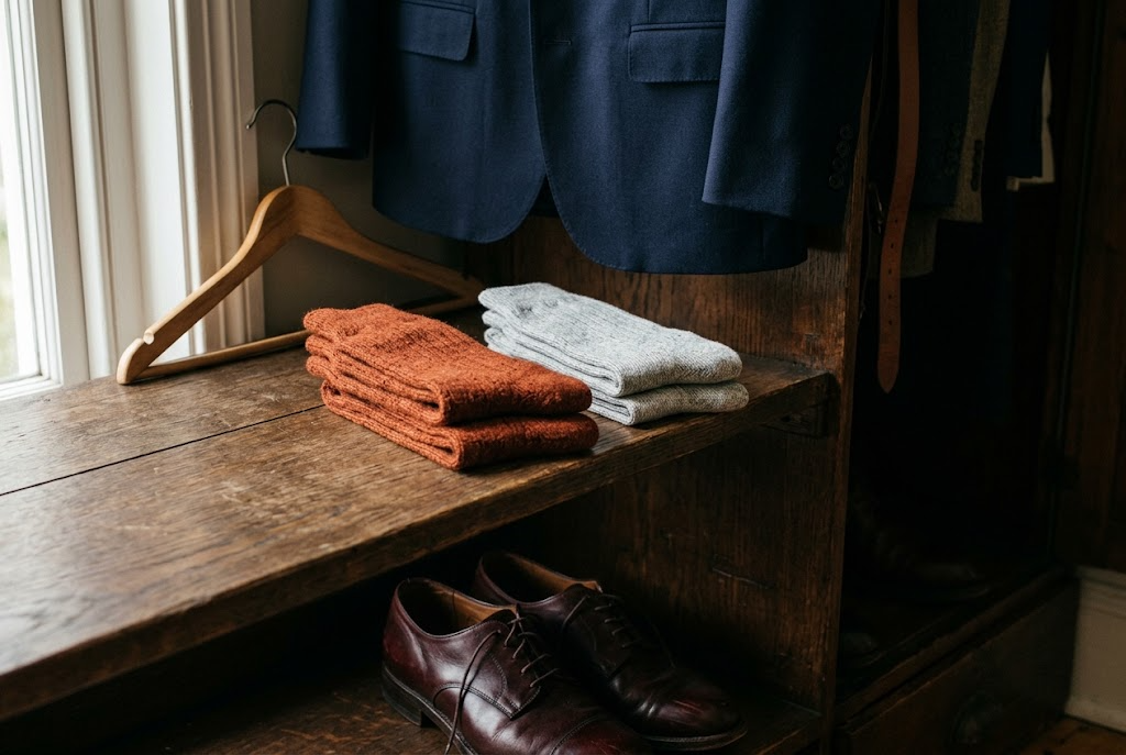 Folded rust and grey socks on a wardrobe shelf under a hanging navy suit and shoes