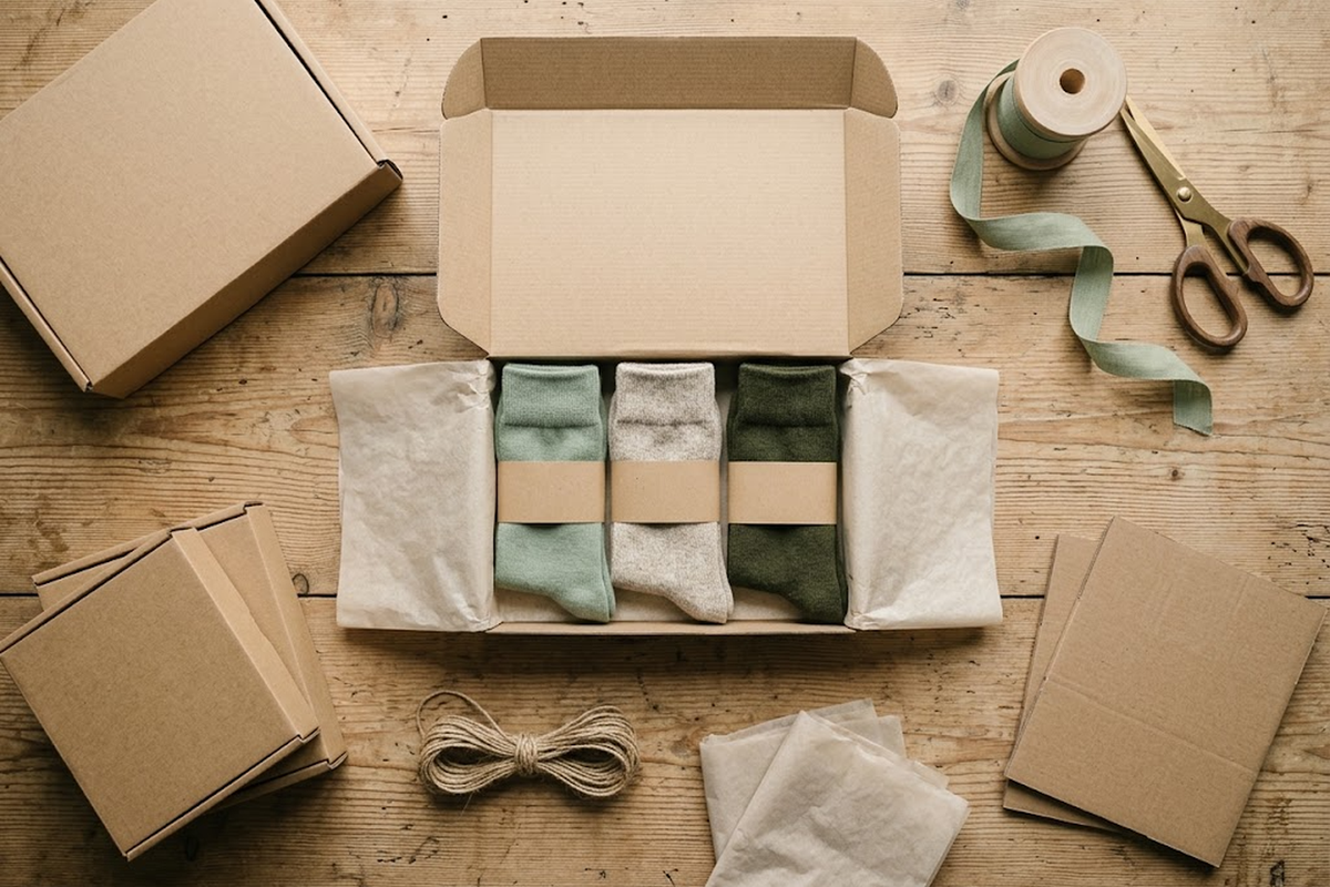 Overhead view of an open kraft box holding three folded pairs of socks in tissue