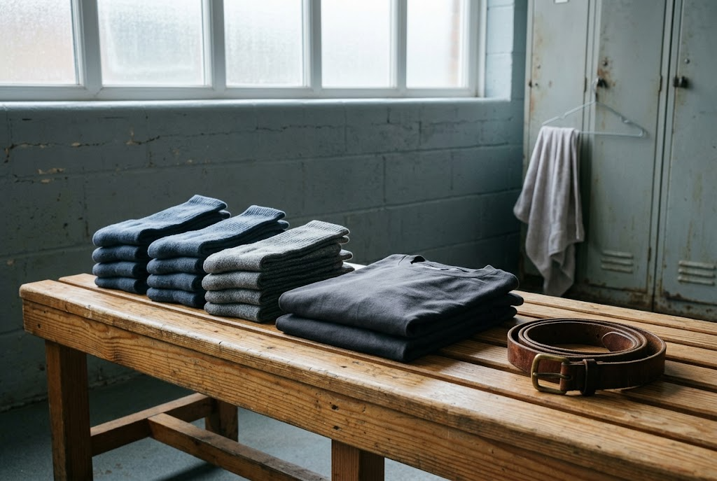 Matching piles of folded socks and shirts on a slatted changing room bench