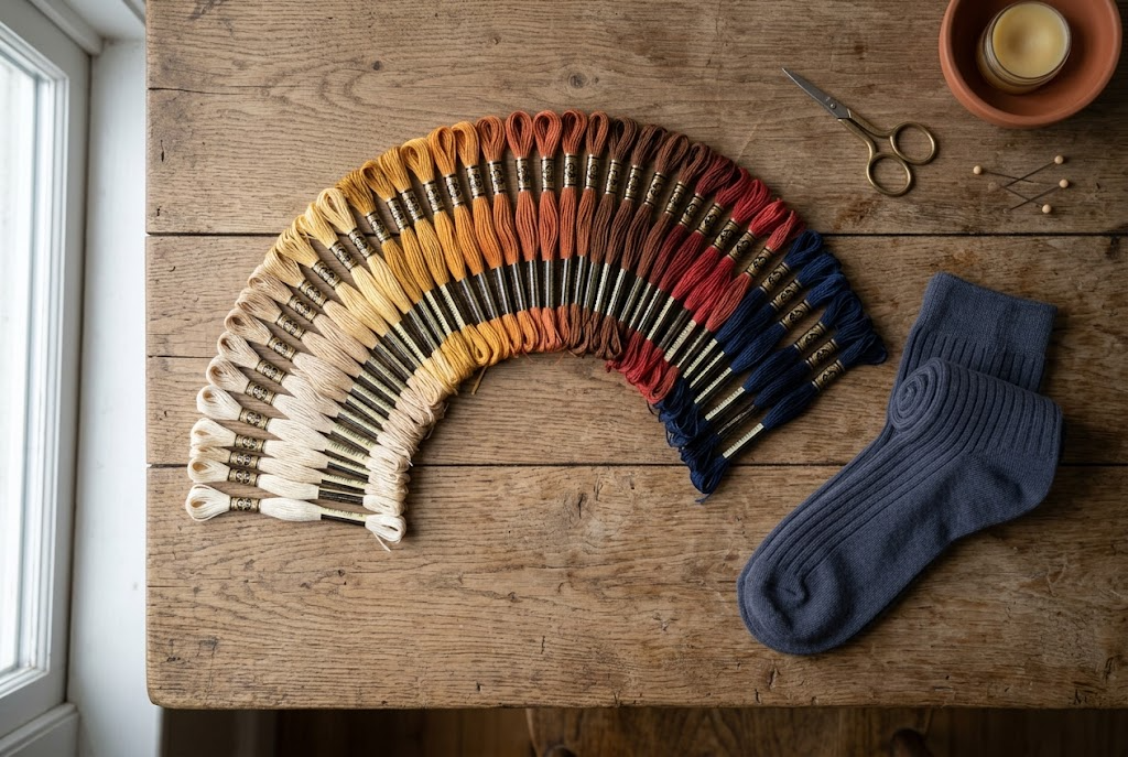 Embroidery thread spools arranged in a colour gradient beside one folded pair of socks