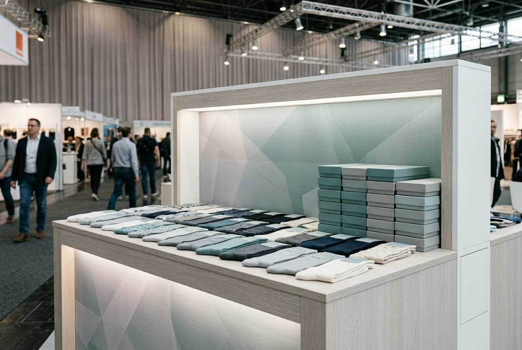 Rows of folded dress socks and empty gift boxes on an exhibition stand counter