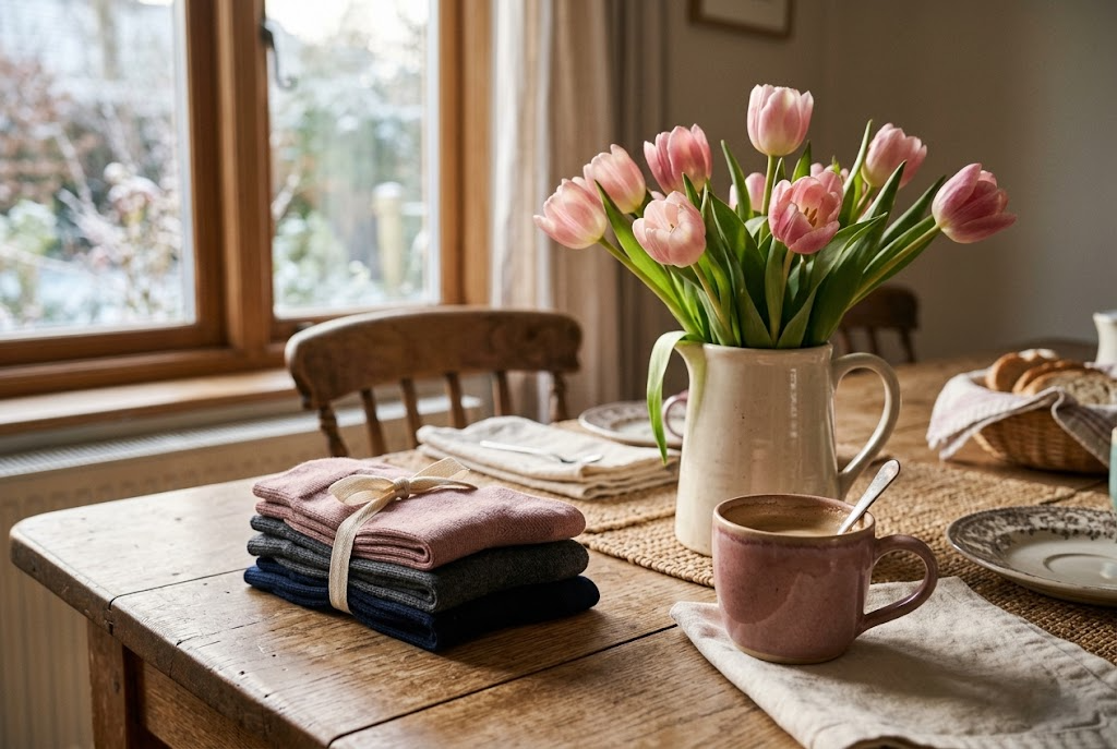 Stack of ribbon-tied folded socks on a breakfast table with pink tulips and coffee