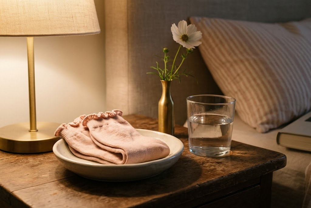 Folded ruffle-cuff socks in a ceramic dish on a lamplit bedside table