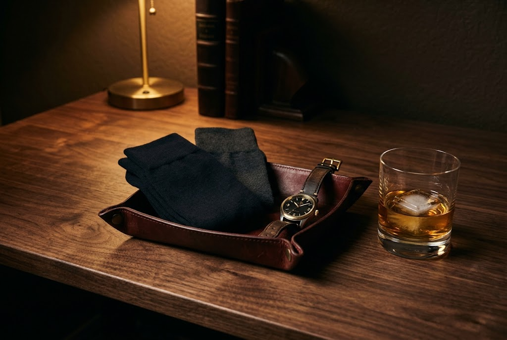 Dark folded socks in a leather valet tray with a watch on a walnut desk